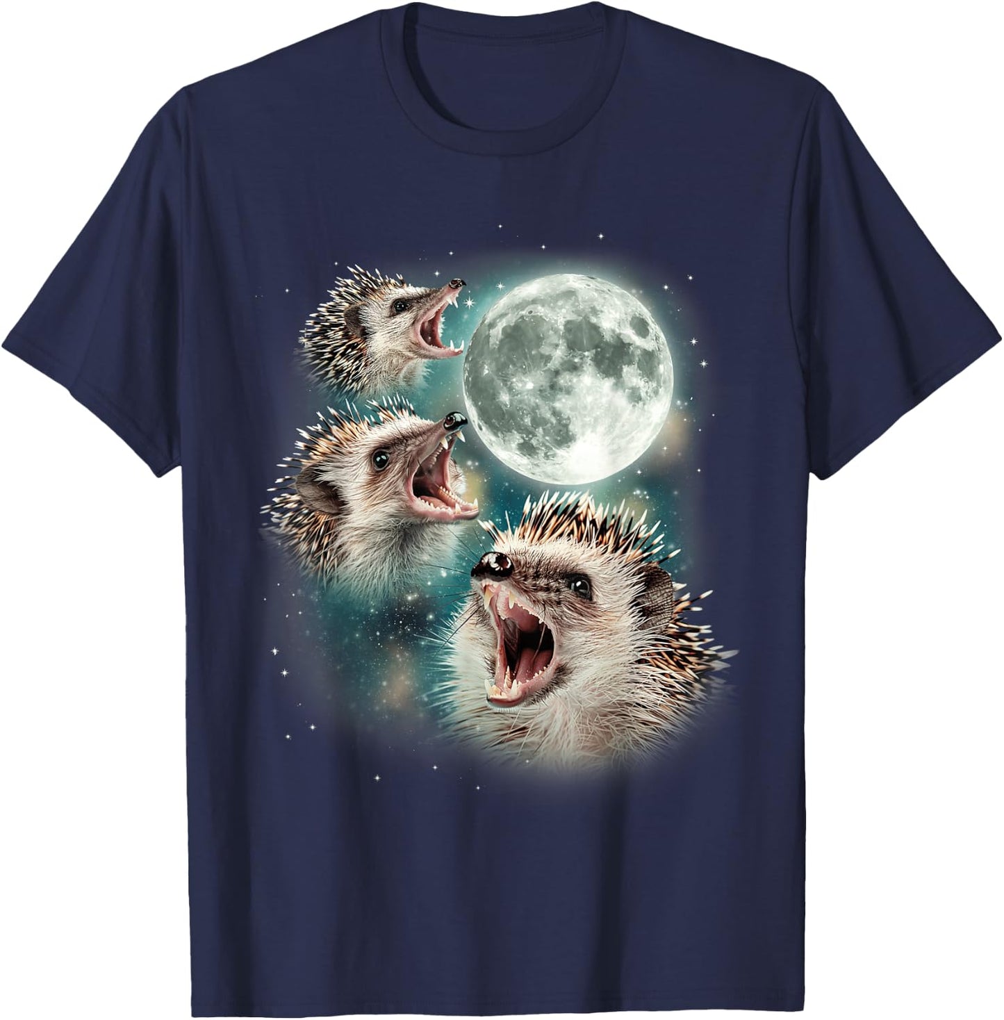 Three Hedgehog Moon | 3 Hedgies Funny Weird Cursed Meme , black, S T-Shirt - T-Shirt | Navy