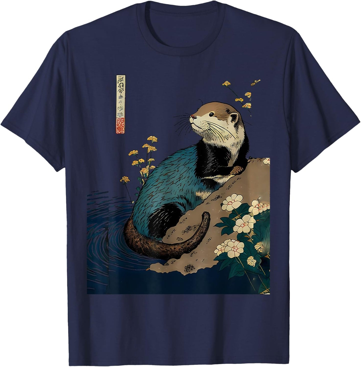 Floral Otter Water Japanese Art Print T-Shirt - T-Shirt | Navy