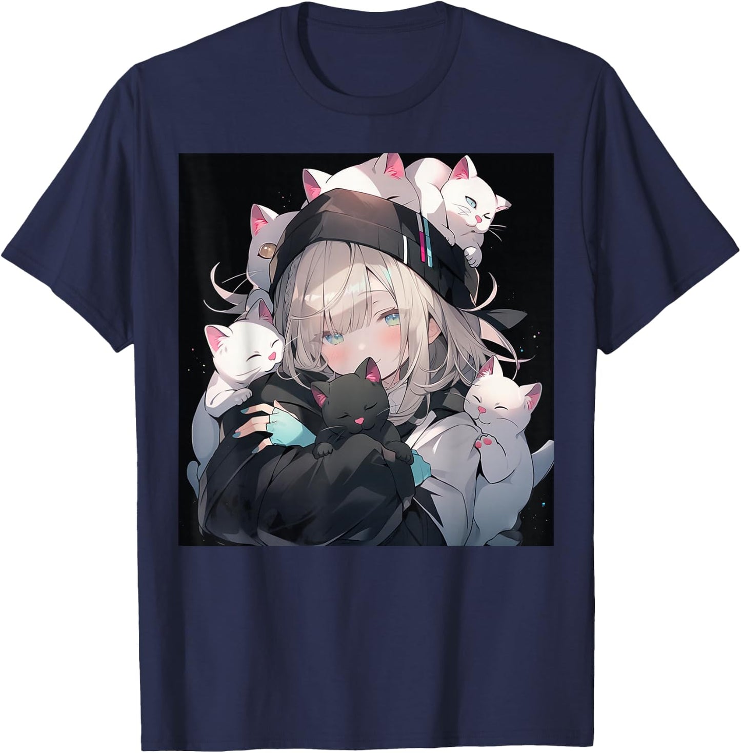 Anime and Cat Lovers for Teen Manga Kawaii Graphic Otaku , black T-Shirt - T-Shirt | Navy