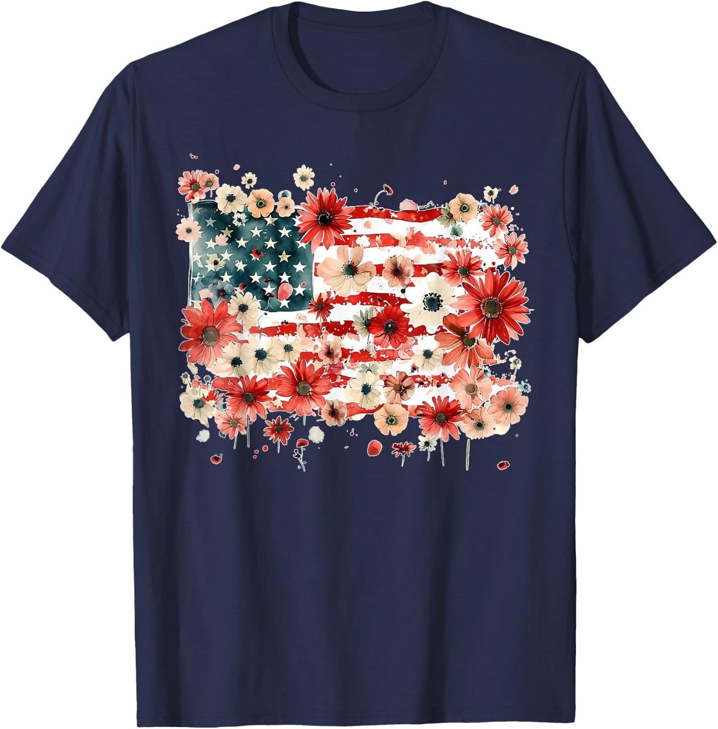 Floral USA Est 1776 Patriotic Wildflower 4th of July Retro T-Shirt - T-Shirt | Navy