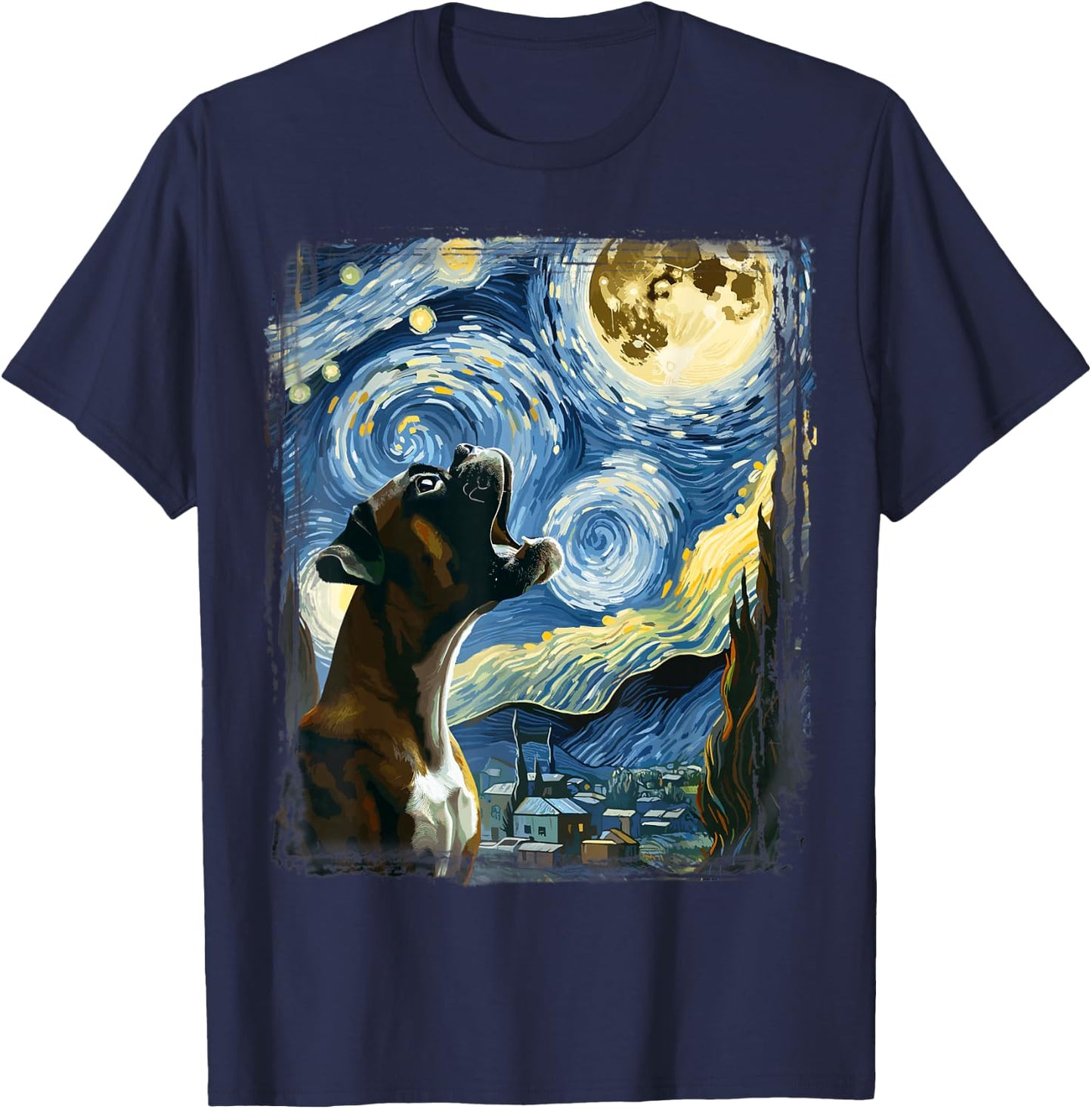 Boxer Dog Moonlit Canine Art Van Gogh Starry Night Boxer T-Shirt - T-Shirt | Navy