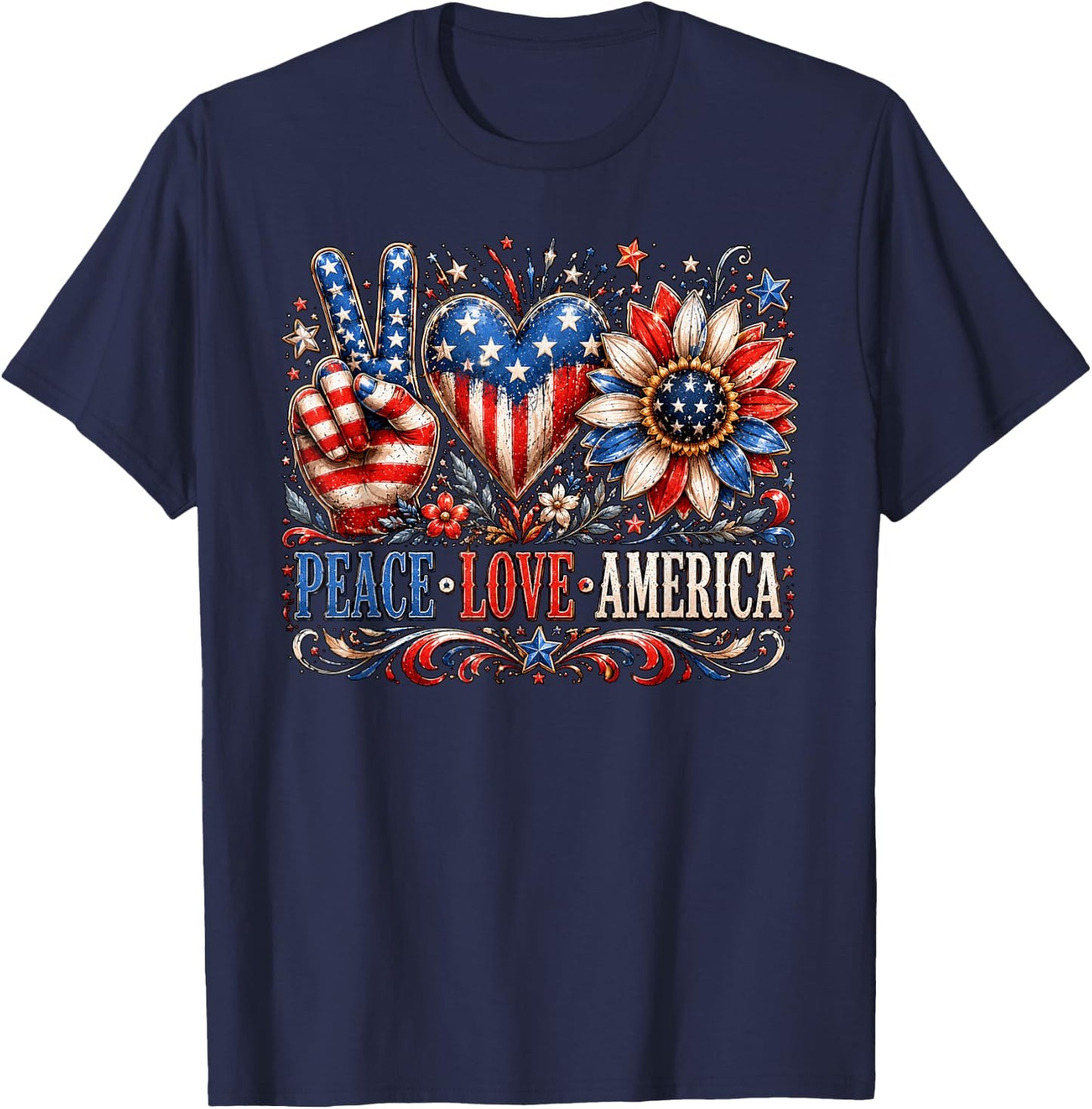 Patriotic Sunflower USA Flag Peace Love America 4th of July T-Shirt - T-Shirt | Navy