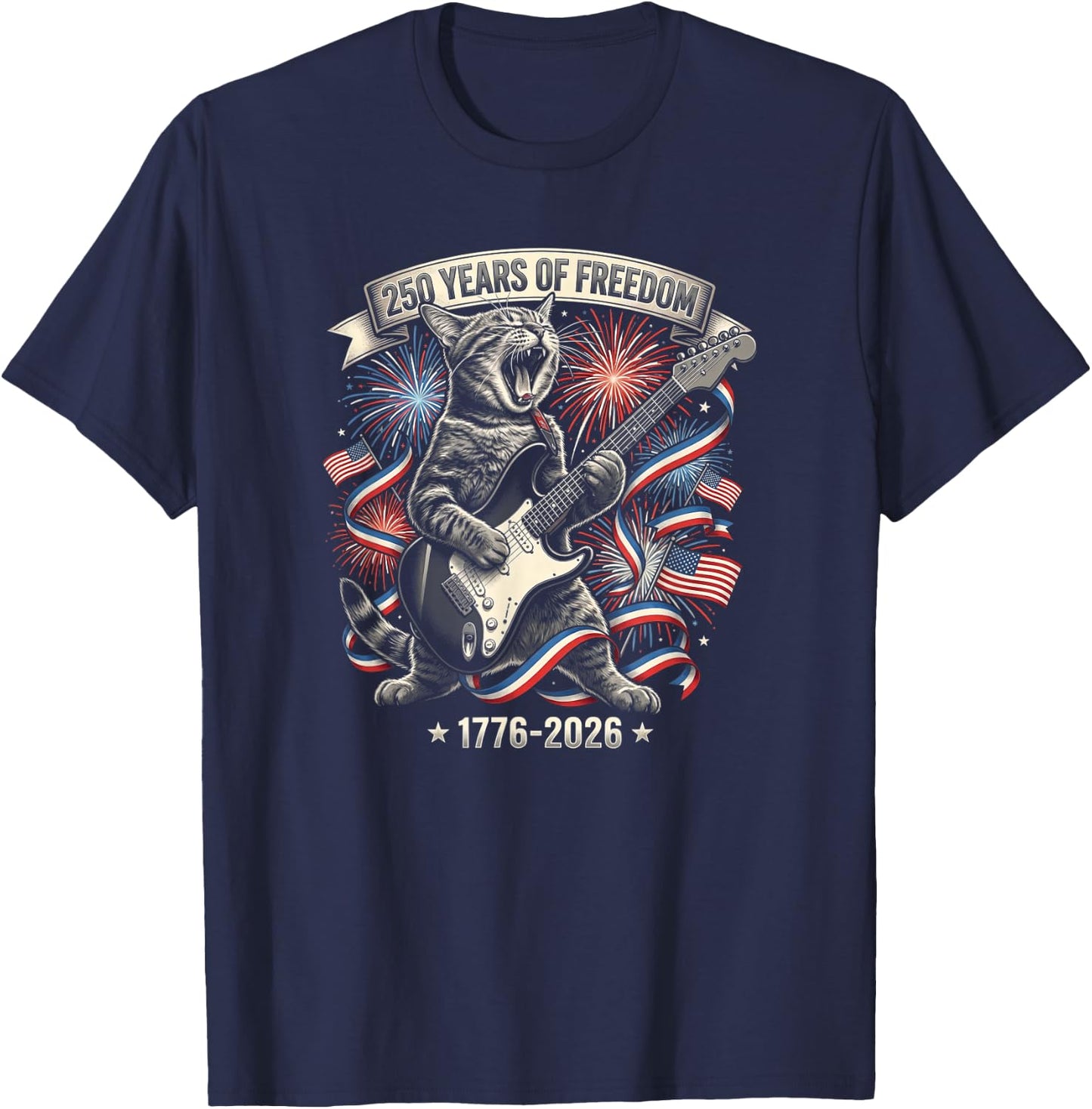 Funny Cat 250 Years Rock American Flag Patriotic 4th of July T-Shirt - T-Shirt | Navy