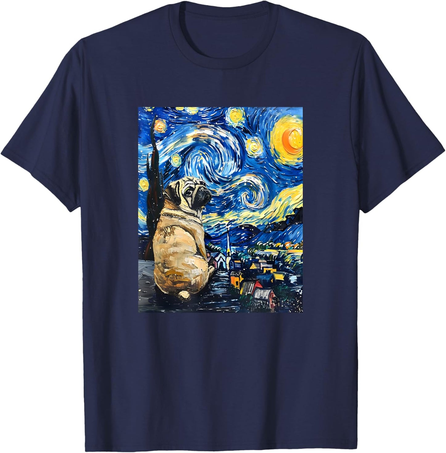 Cute Van Gogh Pug Starry Night Funny Dog Women Men T-Shirt - T-Shirt | Navy
