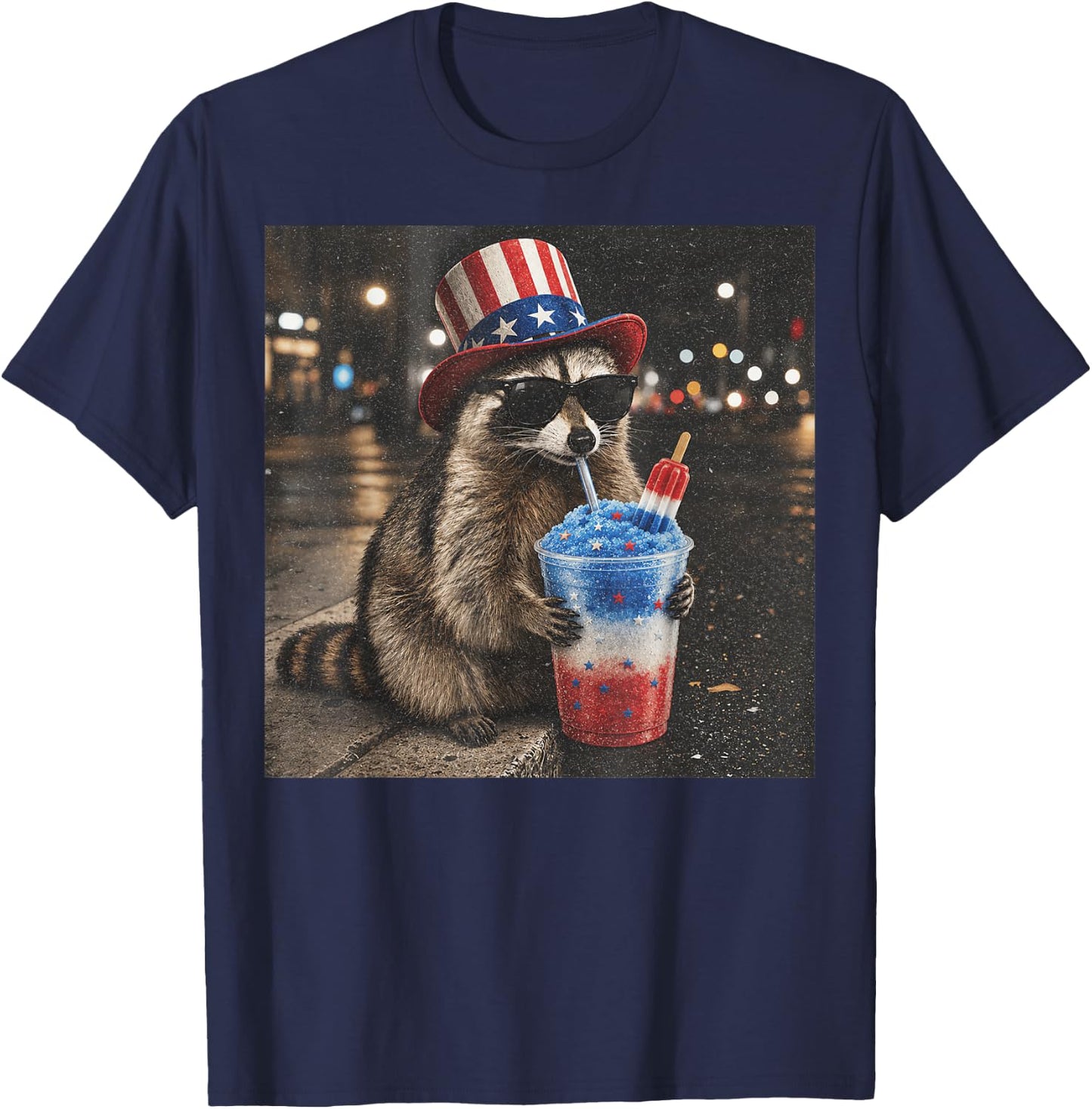 4th of July Raccoon Drinking Red White Blue Slushie Popsicle T-Shirt - T-Shirt | Navy