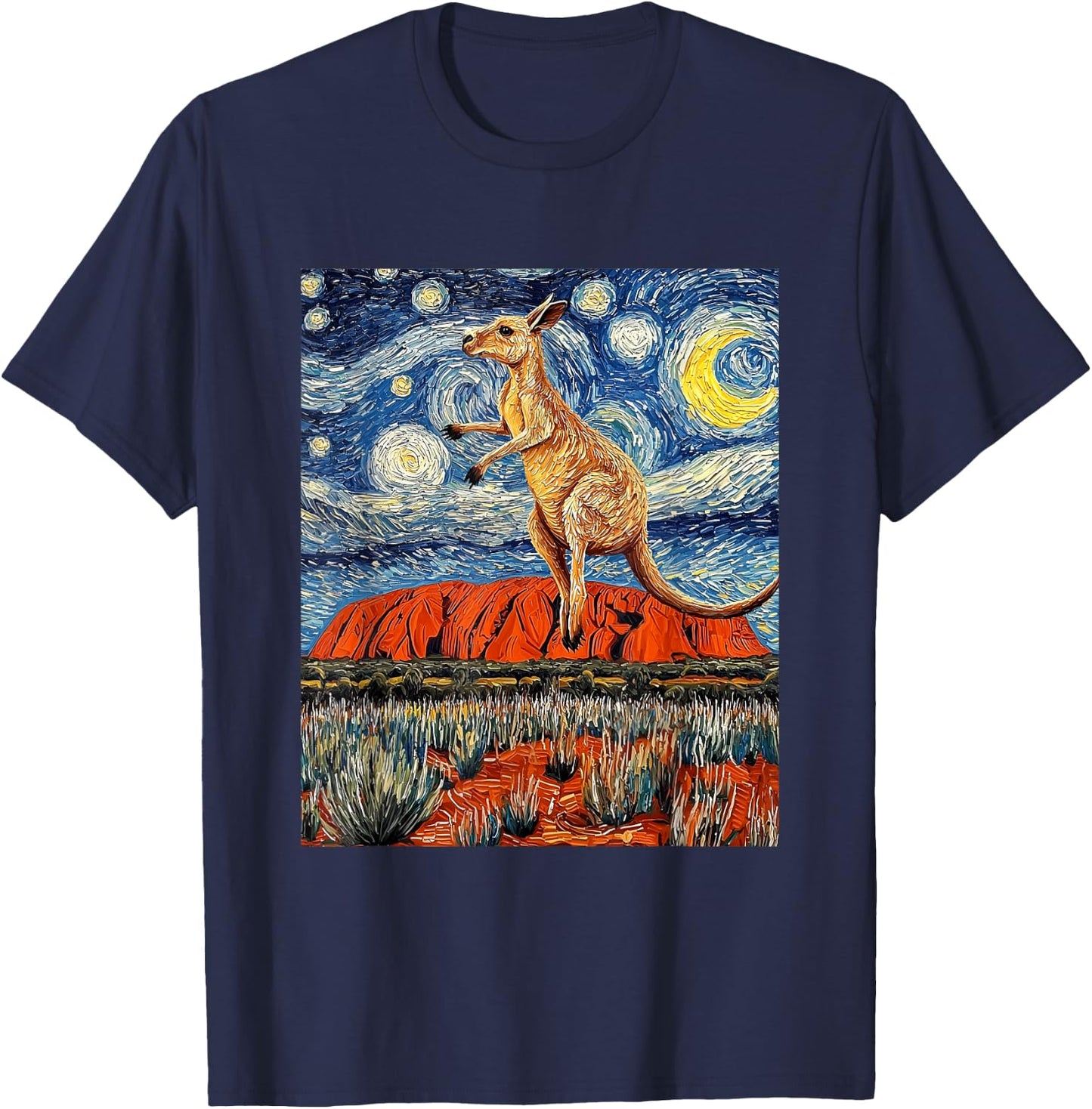 Kangaroo Ayers Rock Uluru Van Gogh Style Starry Night T-Shirt - T-Shirt | Navy