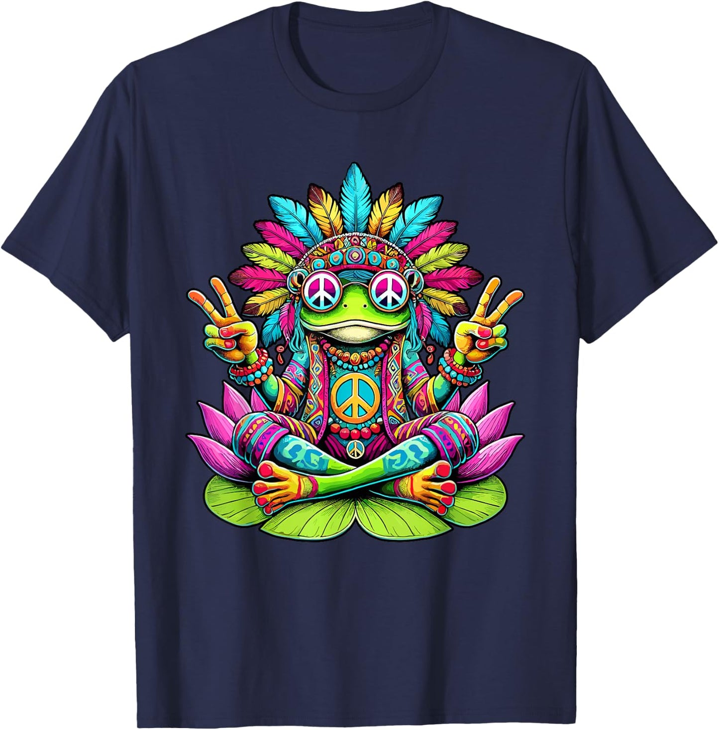 Hippie Frog, Peace Sign, 70s Party & 60s Costume, Sunglasses , black T-Shirt - T-Shirt | Navy
