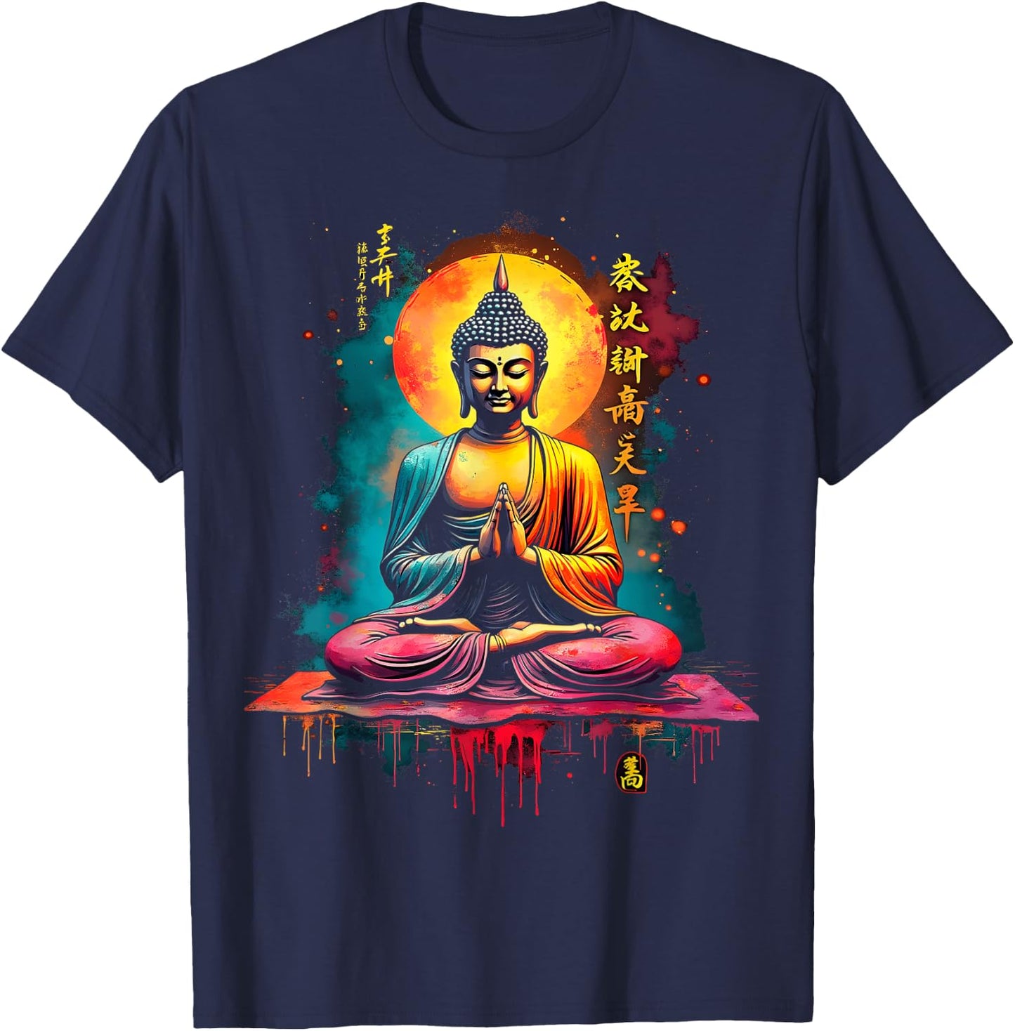 Bright Buddha and Moon , Black, S T-Shirt - T-Shirt | Navy