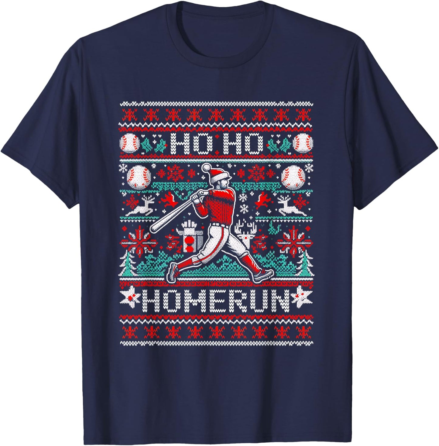 Ho Ho Homerun Baseball Ugly Christmas Sweater Party Hitter T-Shirt - T-Shirt | Navy