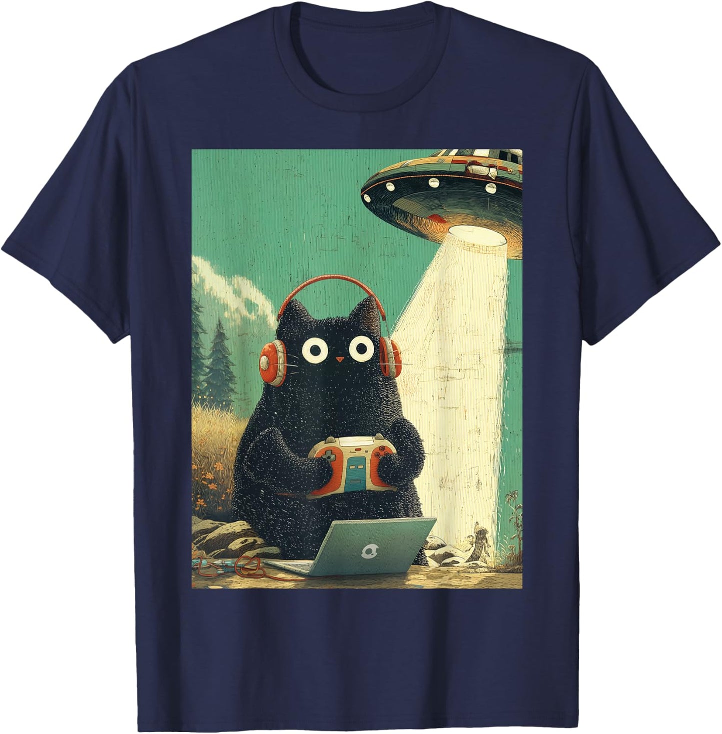 Vintage Japanische Katze Gamer Videospiele Abduktion UFO Anime T-Shirt - T-Shirt | Navy
