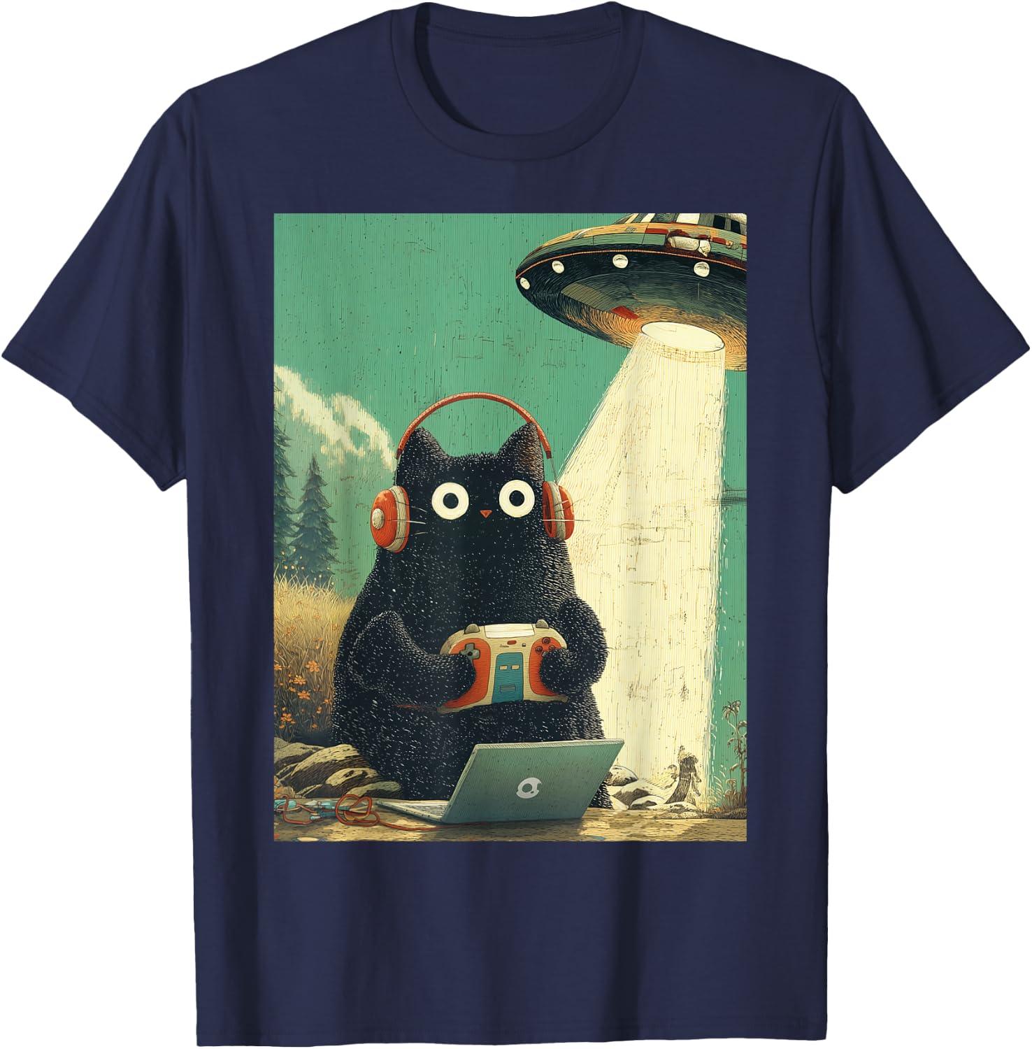 Vintage Japanische Katze Gamer Videospiele Abduktion UFO Anime T-Shirt - T-Shirt | Navy