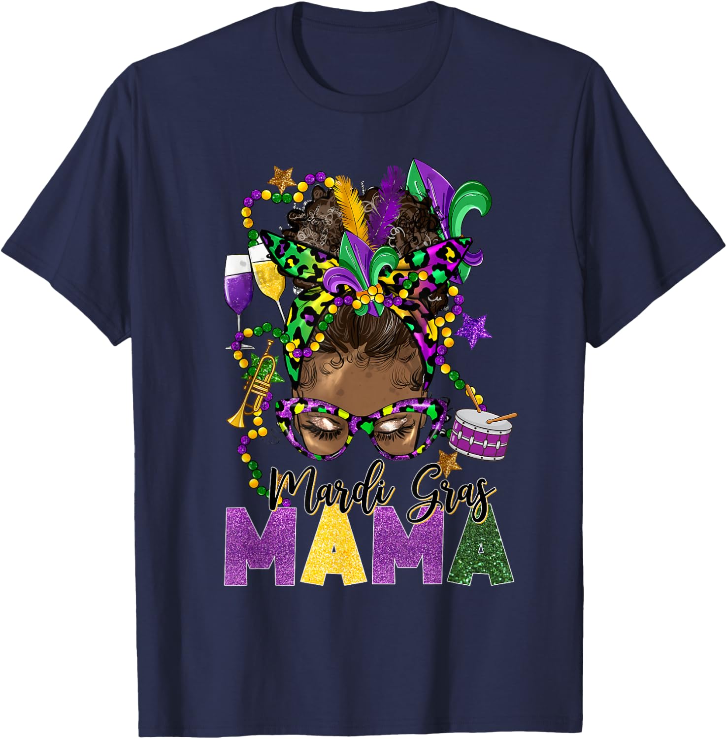 Mardi Gras Mama Messy Bun Women Carnival Party T-Shirt - T-Shirt | Navy