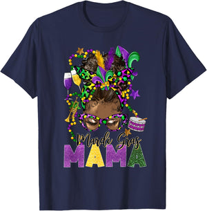 Mardi Gras Mama Messy Bun Women Carnival Party T-Shirt - T-Shirt | Navy