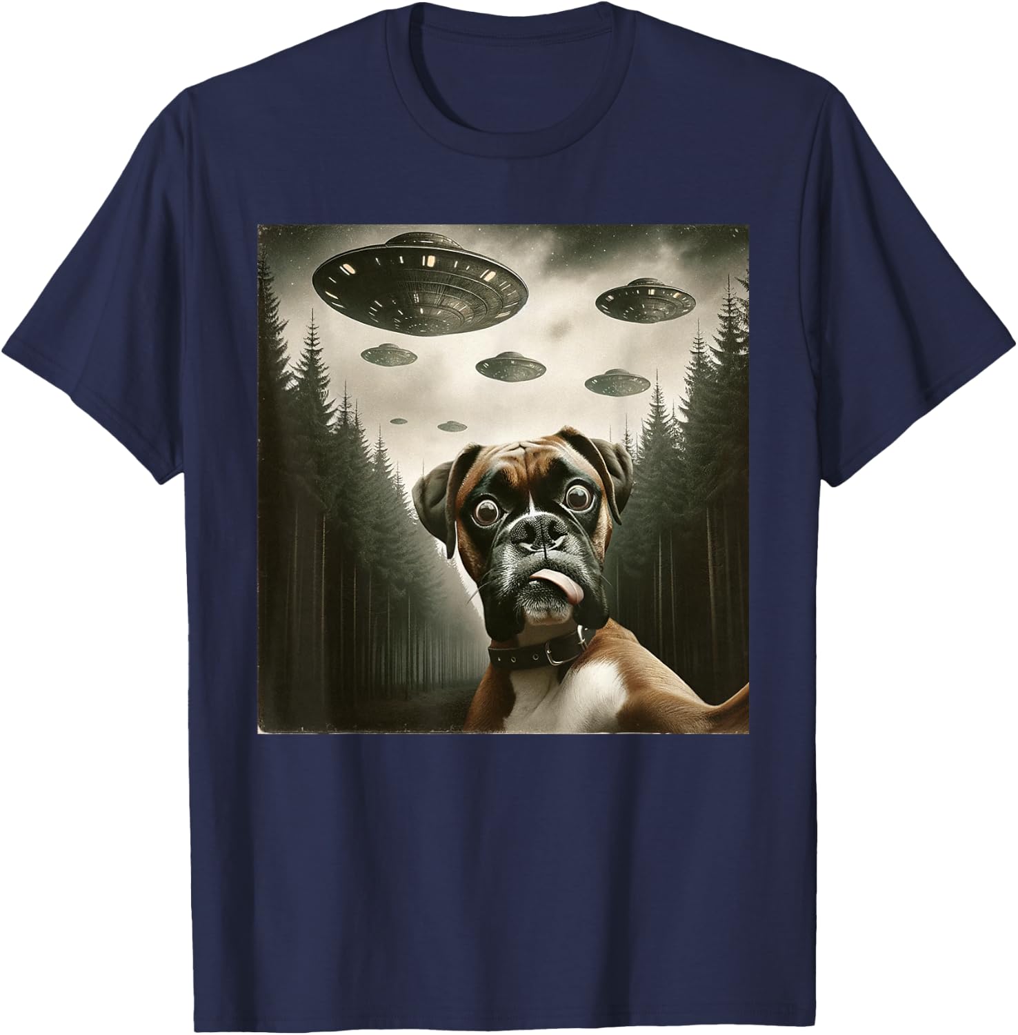 Funny Boxer Dog Selfie with UFOs Alien Dog T-Shirt - T-Shirt | Navy