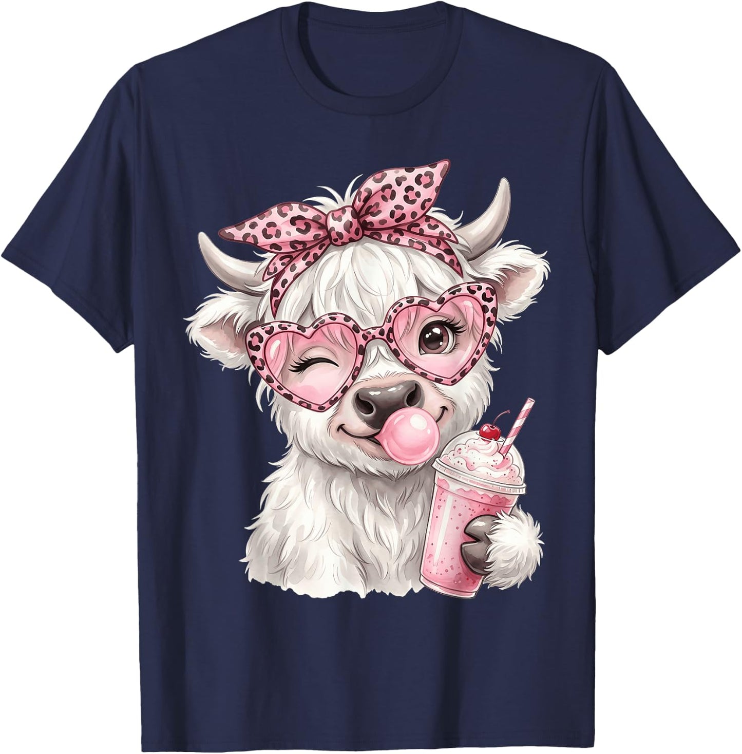 Scottish Highland Cow Eating Bubblegum T-Shirt - T-Shirt | Navy