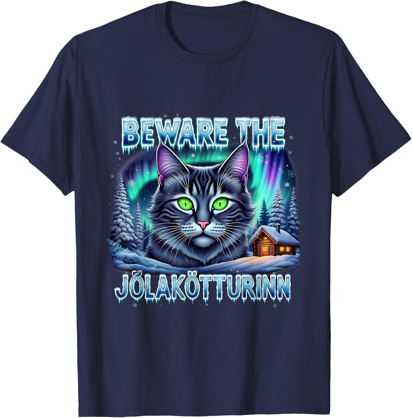 Beware The Jólakötturinn Christmas Cat Iceland Design T-Shirt - T-Shirt | Navy