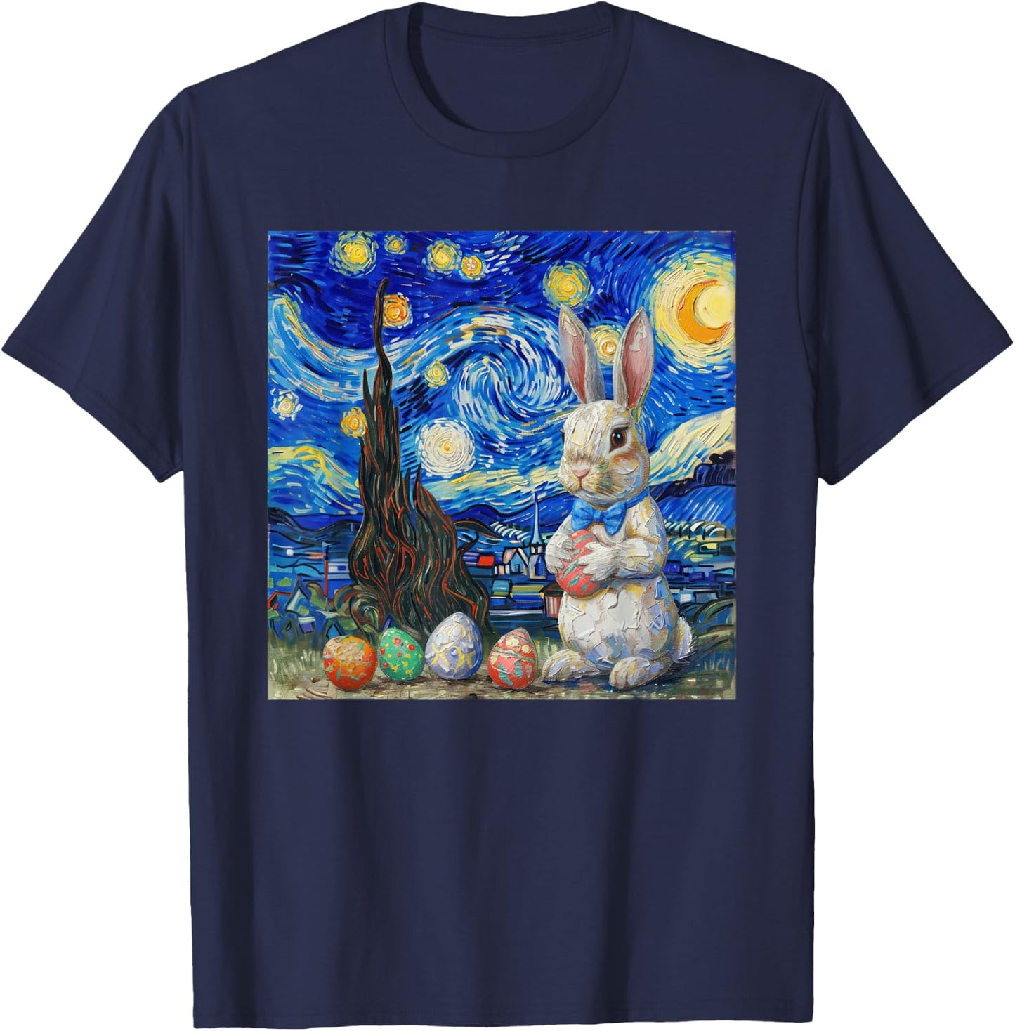 Easter Bunny Happy Easter Eggs Van Gogh Starry Night T-Shirt - T-Shirt | Navy