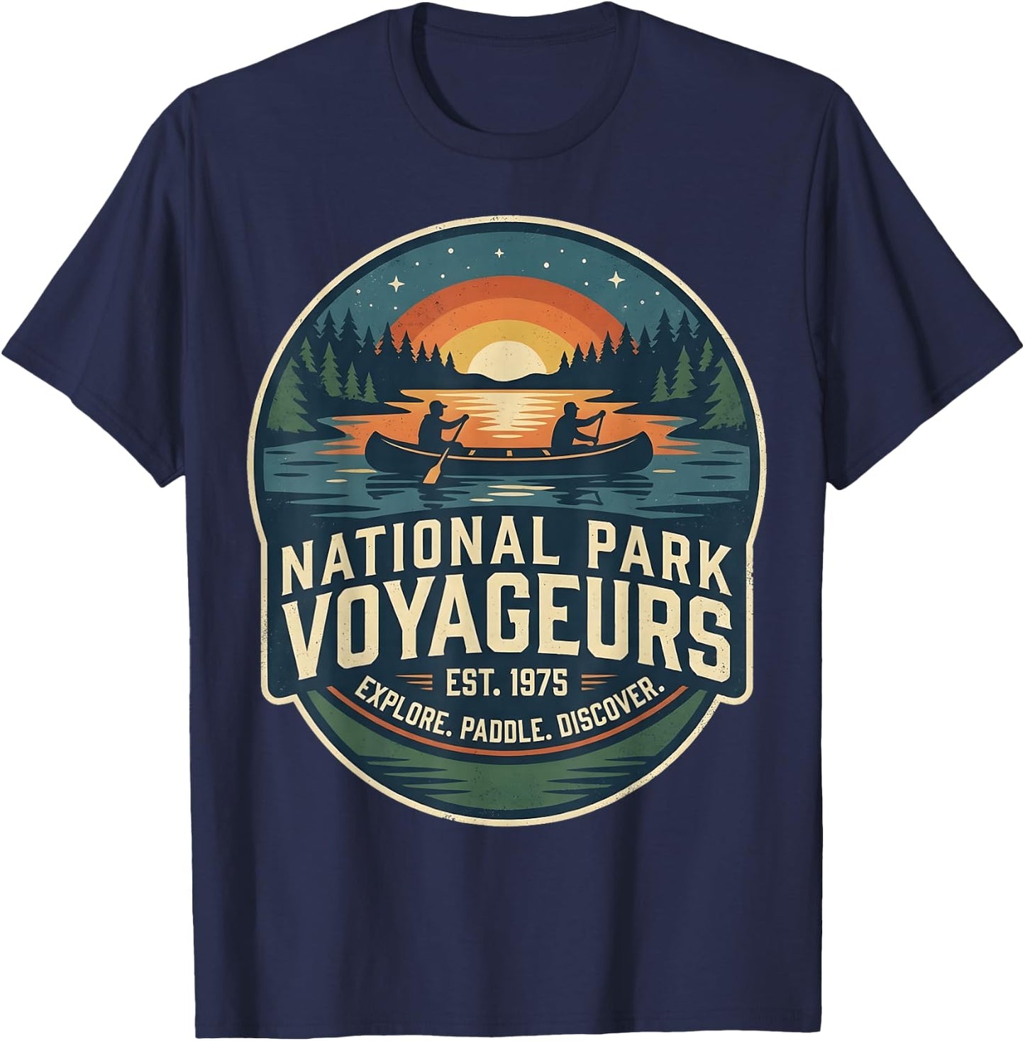 National Park Voyageurs Retro Sunset Canoe Paddling Badge T-Shirt - T-Shirt | Navy
