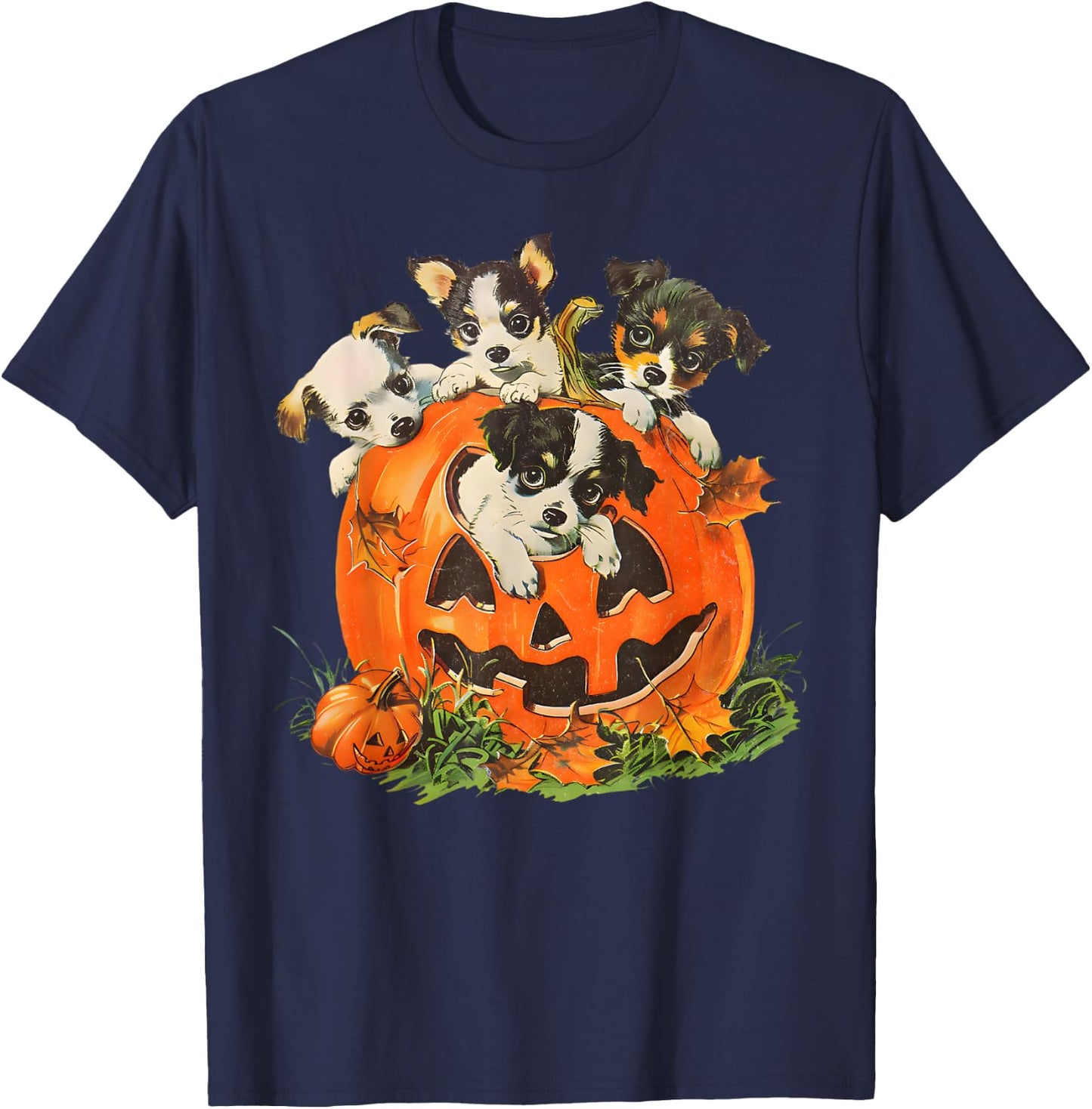 Vintage 90s Dog Retro Pumpkin Puppies Halloween Dog Lovers Men Women Kids T-Shirt - T-Shirt | Navy