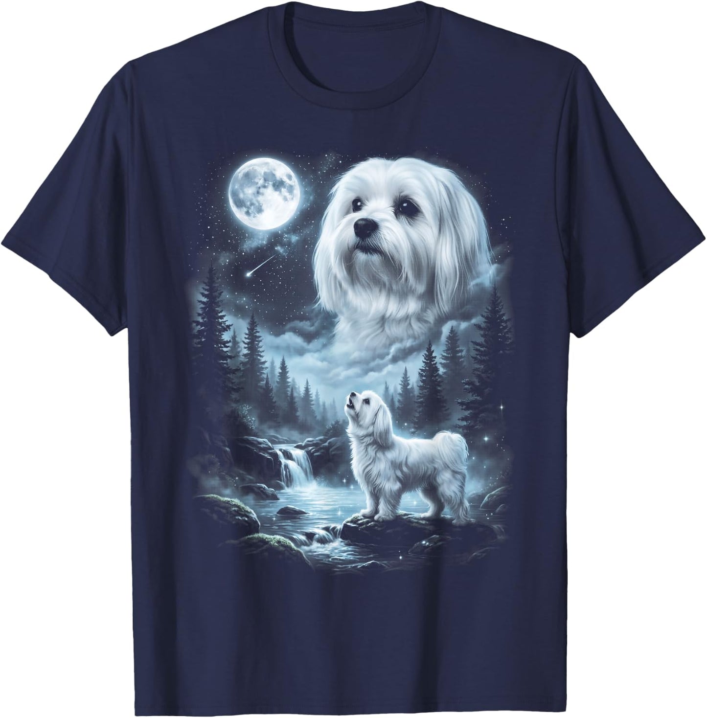 Maltese Howling to the Moon Retro 90's Dog T-Shirt - T-Shirt | Navy