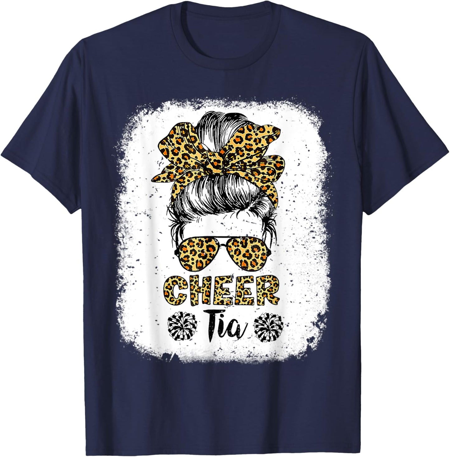 Cheer Tia Leopard Messy Bun Cheerleader Bleached T-Shirt - T-Shirt | Navy