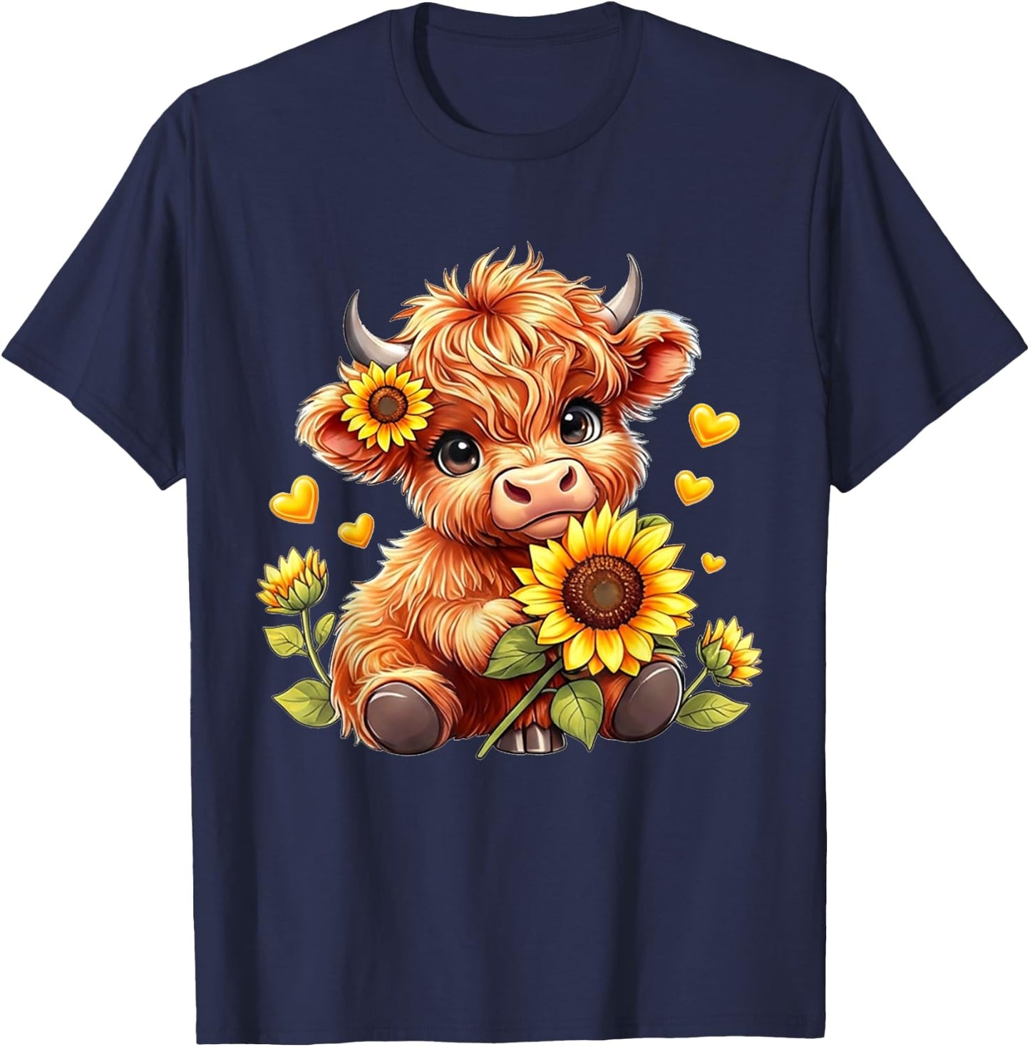Cute Highland Cow Sunflowers Girls Women Animal Lovers T-Shirt - T-Shirt | Navy