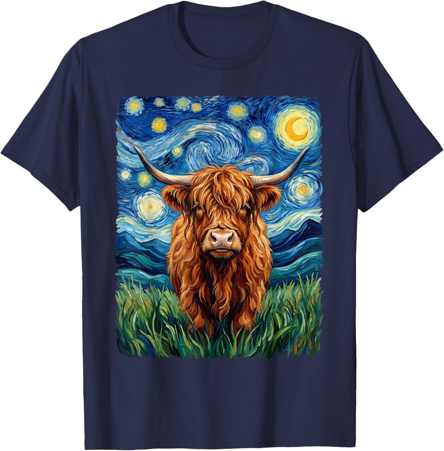 Highland Cow - Van Gogh Style - Starry Night T-Shirt - T-Shirt | Navy