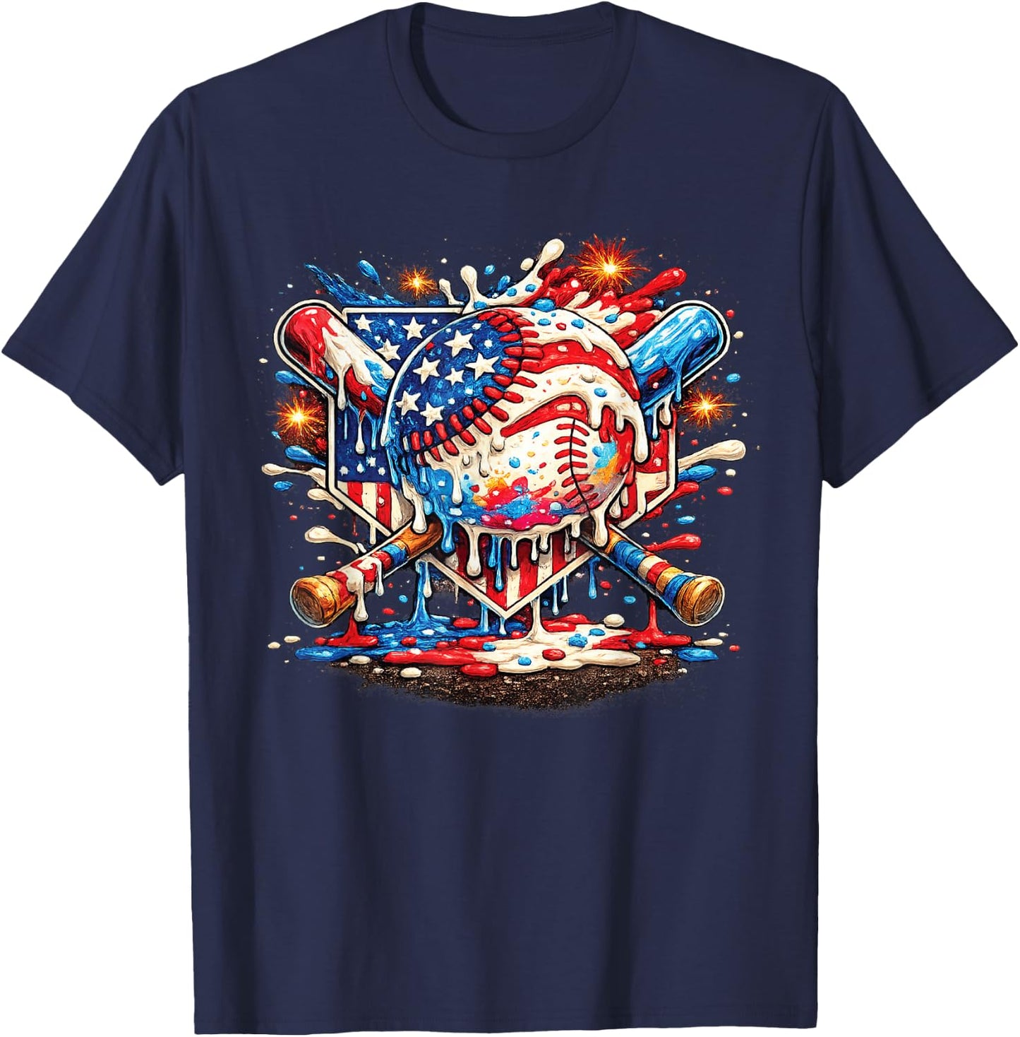 Baseball Drip Ice Cream Patriot American Flag 4th of July T-Shirt - T-Shirt | Navy