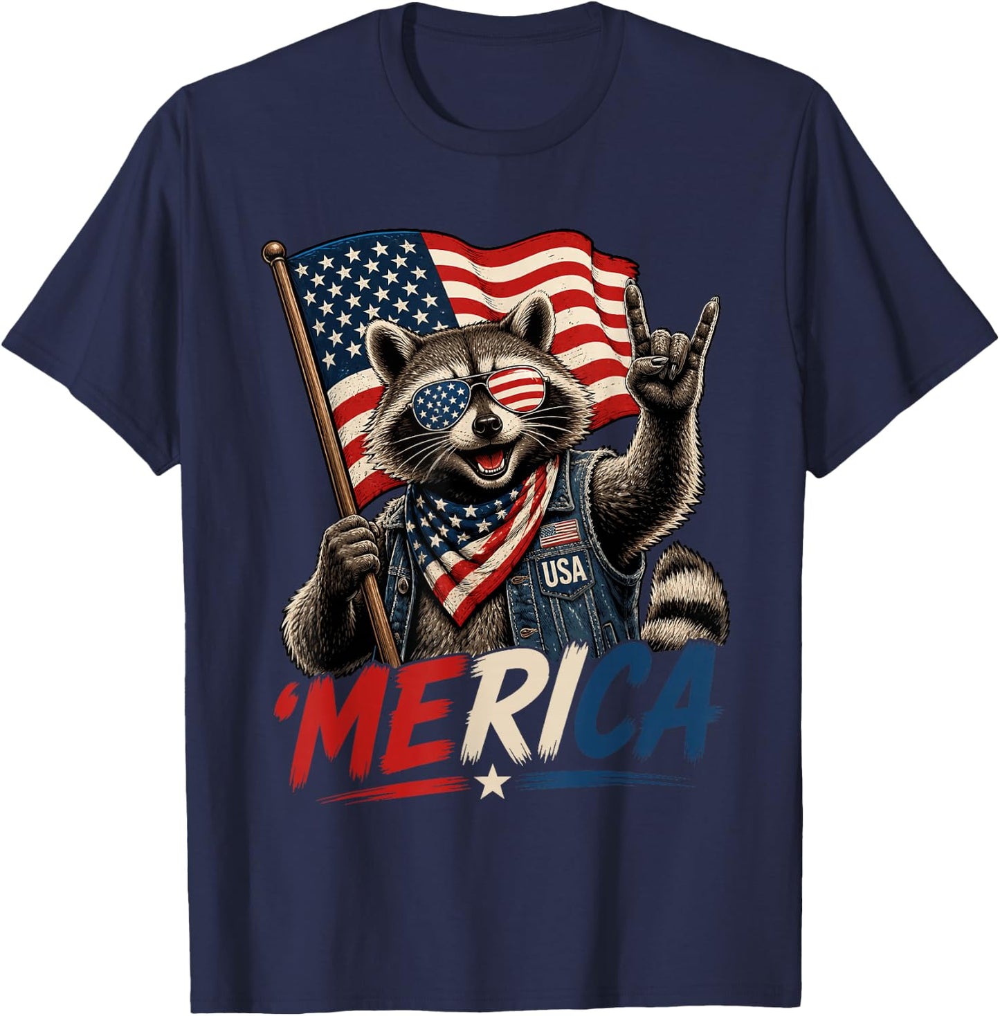 4th of July Raccoon Merica Rock Men Women Kid USA Flag T-Shirt - T-Shirt | Navy