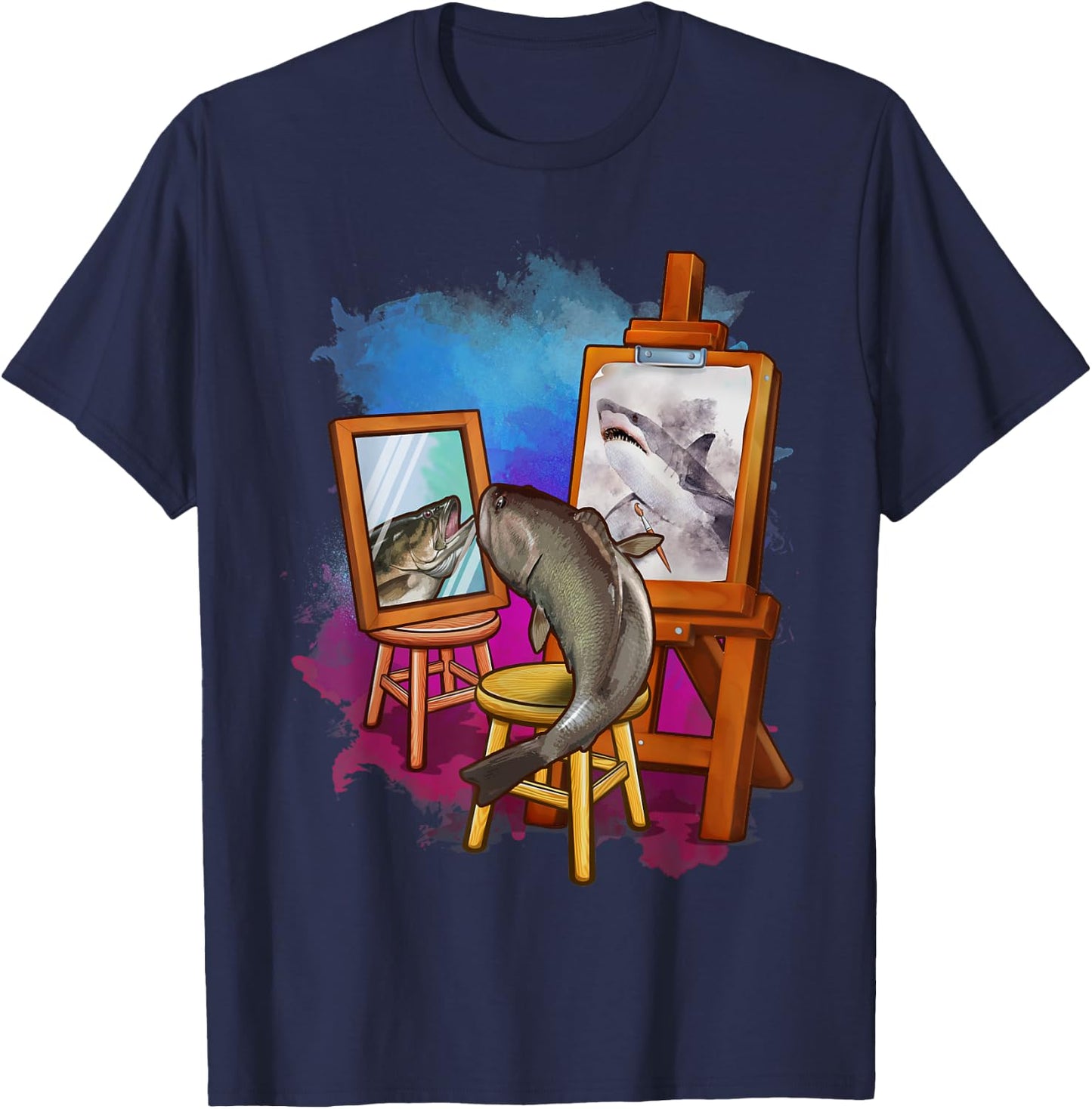Cute Fish Painting Shark Artistic Animals Lover Graphic T-Shirt - T-Shirt | Navy