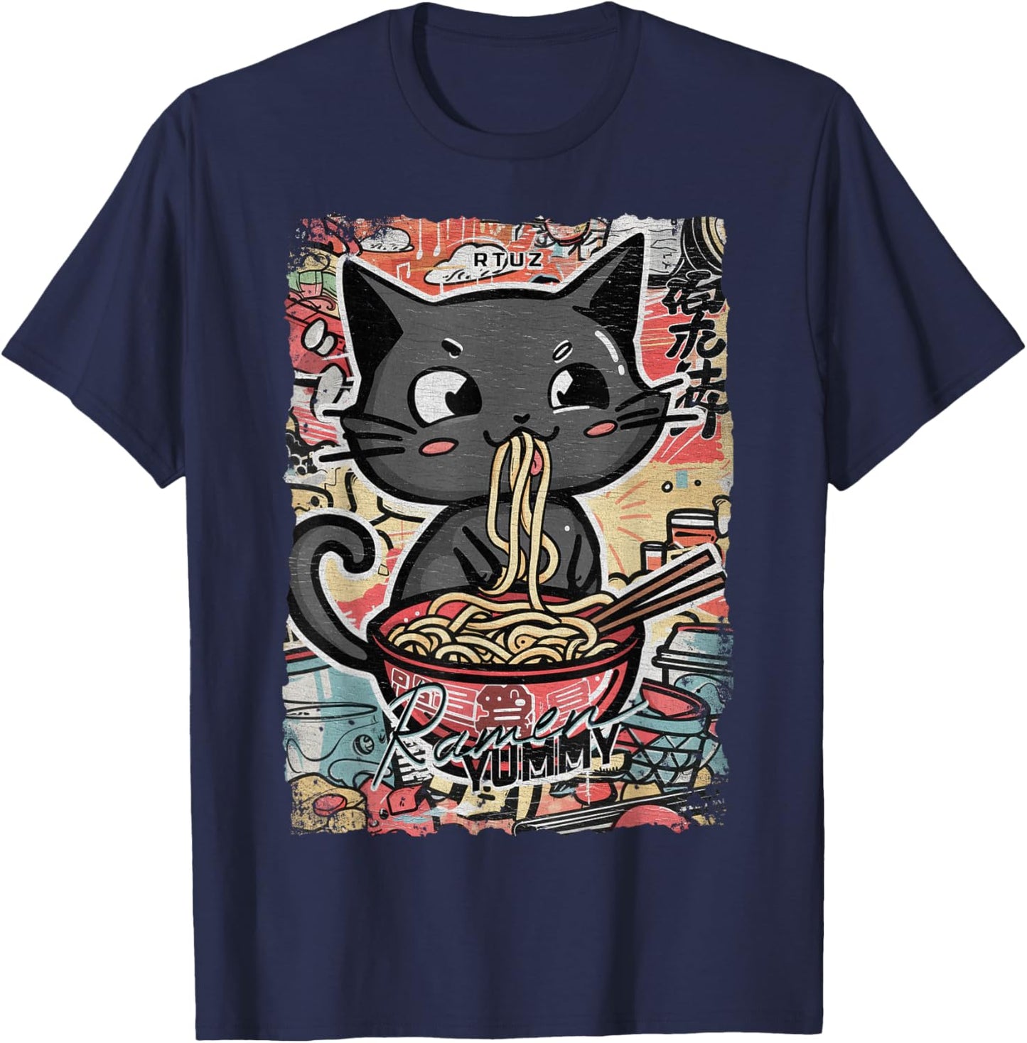 Cat Ramen Noodle Japanese Anime Manga Ramen Kawaii Cat , black T-Shirt - T-Shirt | Navy