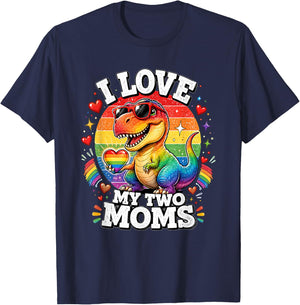 Gay Pride I Love My Two Moms Dino LGBTQ Ally Rainbow T-Shirt - T-Shirt | Navy