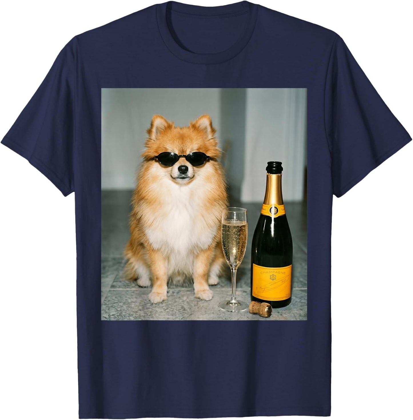 Funny Pomeranian Drinking Champagne Meme T-Shirt - T-Shirt | Navy