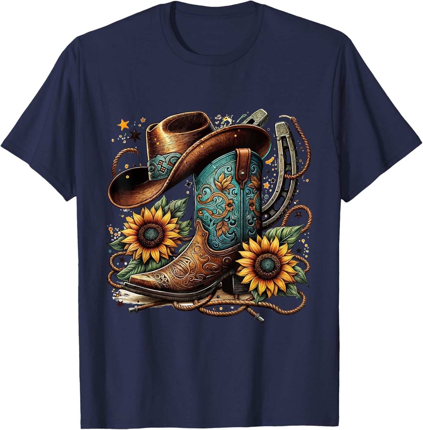 Western Cowboy Boots Horseshoe Sunflower Rope Cowgirl Boat , black T-Shirt - T-Shirt | Navy