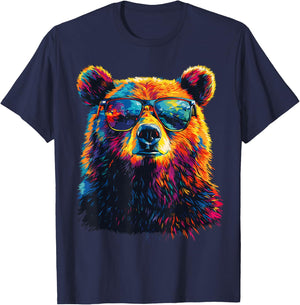 Cool Bear Portrait with Sunglasses Watercolour Bear , black T-Shirt - T-Shirt | Navy