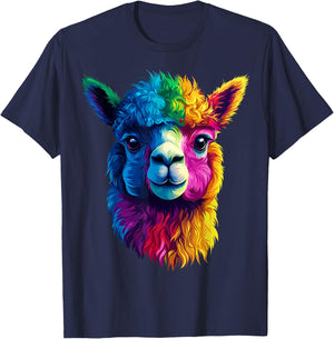 Colorful Alpaca Face Farm Animal Lover Black T-Shirt - T-Shirt | Navy