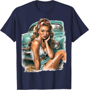 Pinup Girl Pin Up Vintage Retro Amerikanische Frau T-Shirt - T-Shirt | Navy