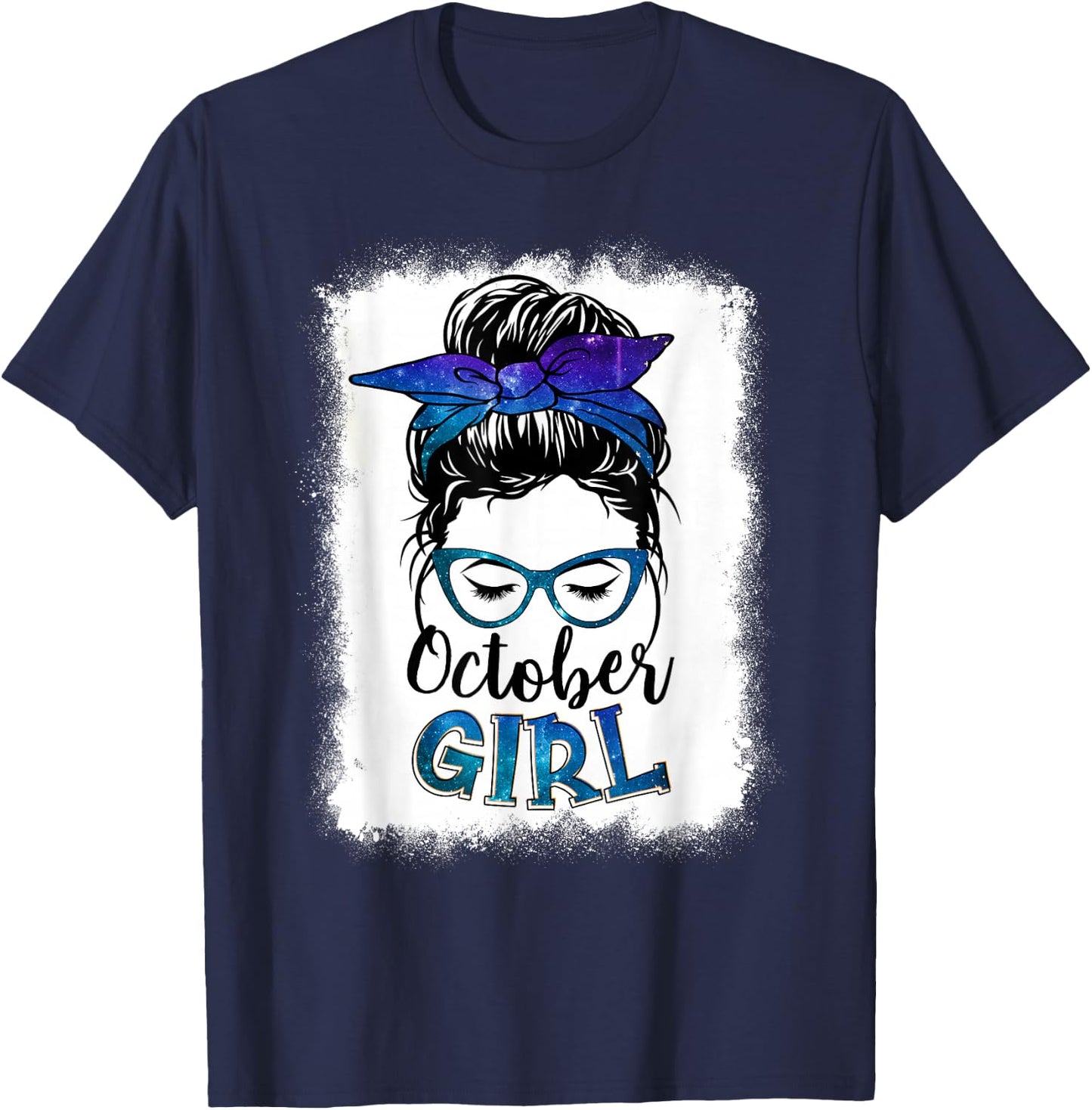 October Girl Galaxy Women Face Messy Bun Hair Bandana Bday T-Shirt - T-Shirt | Navy