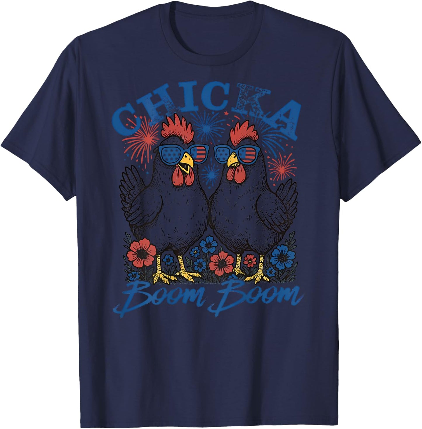 Chicka Boom Boom Patriotic Chicken 4th of July USA - On Back T-Shirt - T-Shirt | Navy