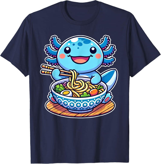 Kawaii Anime Axolotl Eating Ramen Noodles Lover Kids T-Shirt - T-Shirt | Navy