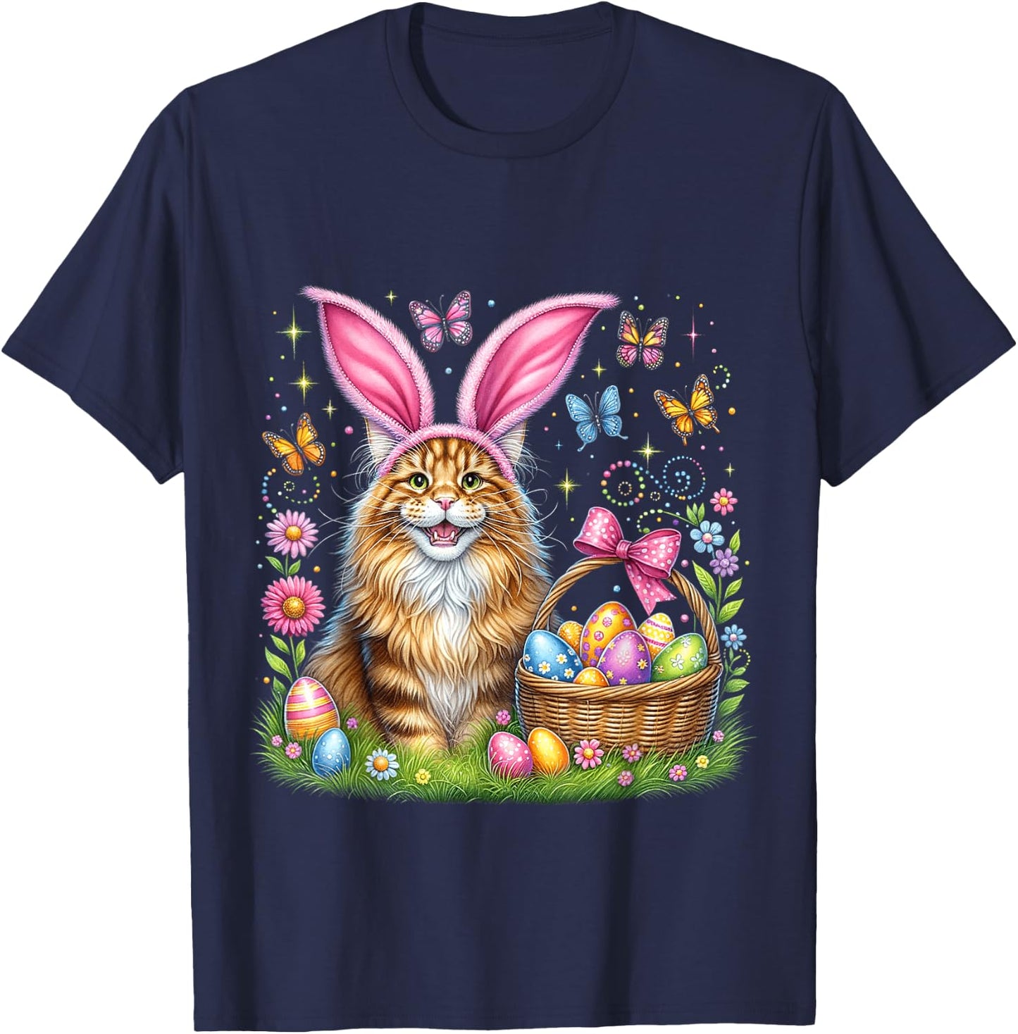 Happy Easter Cute Bunny Maine Coon Cat Easter Eggs Basket T-Shirt - T-Shirt | Navy