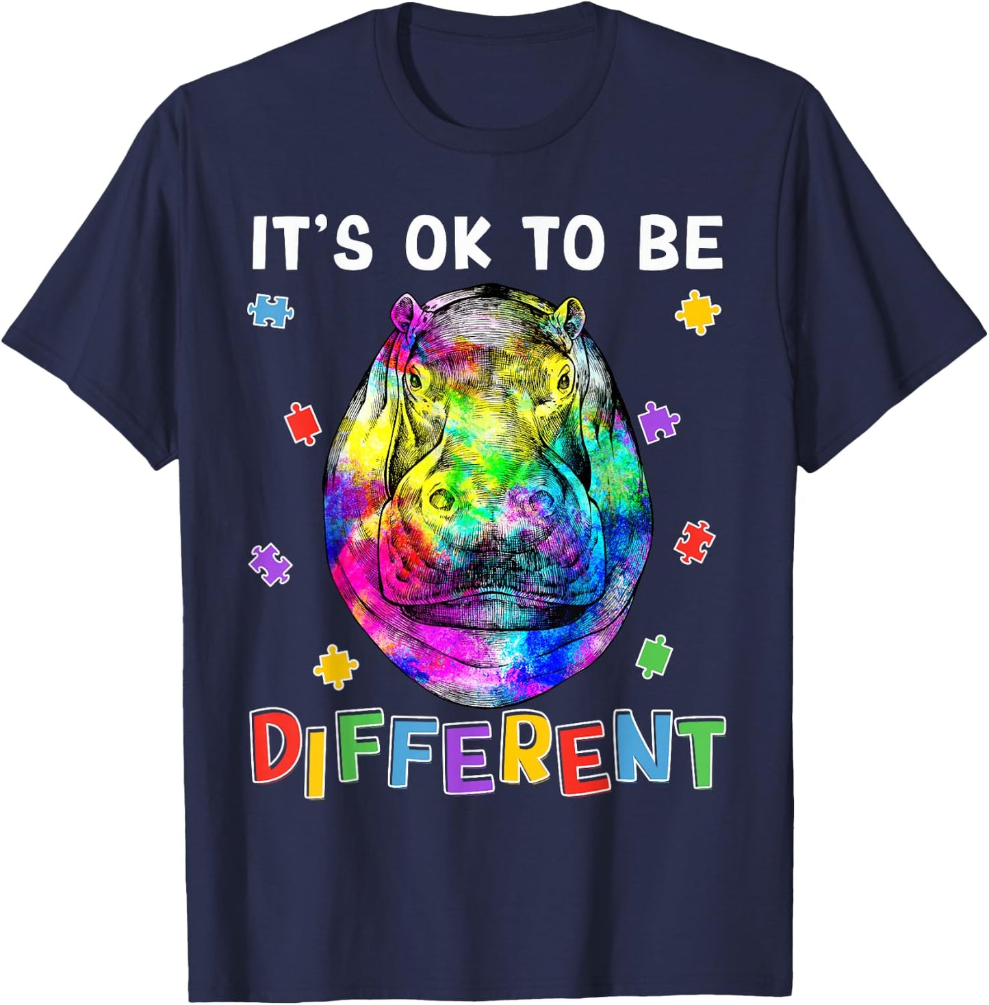 Autism Awareness Hippo Hippopotamus It's OK To Be Different T-Shirt - T-Shirt | Navy