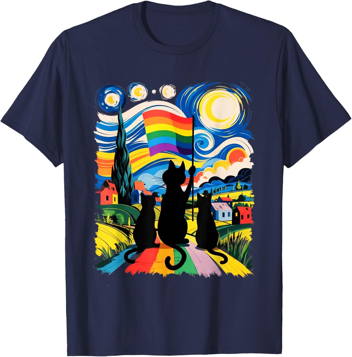 Gay Pride Cats Art Cat Starry Night Style LGBTQ Support T-Shirt - T-Shirt | Navy
