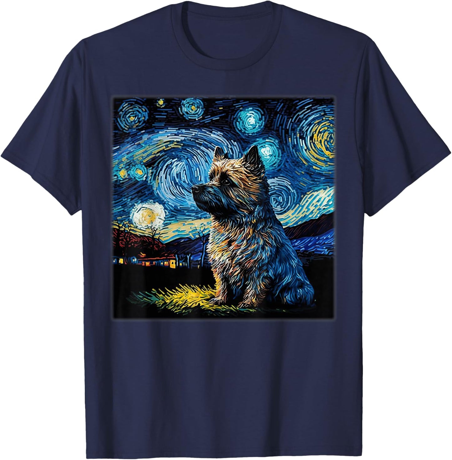 Surrealism Starry Night Cairn Terrier Dog T-Shirt - T-Shirt | Navy