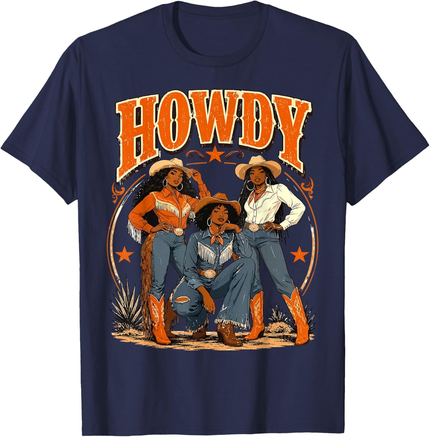 Howdy Cowgirl Western Boots Afro Western Rodeo Melanin T-Shirt - T-Shirt | Navy