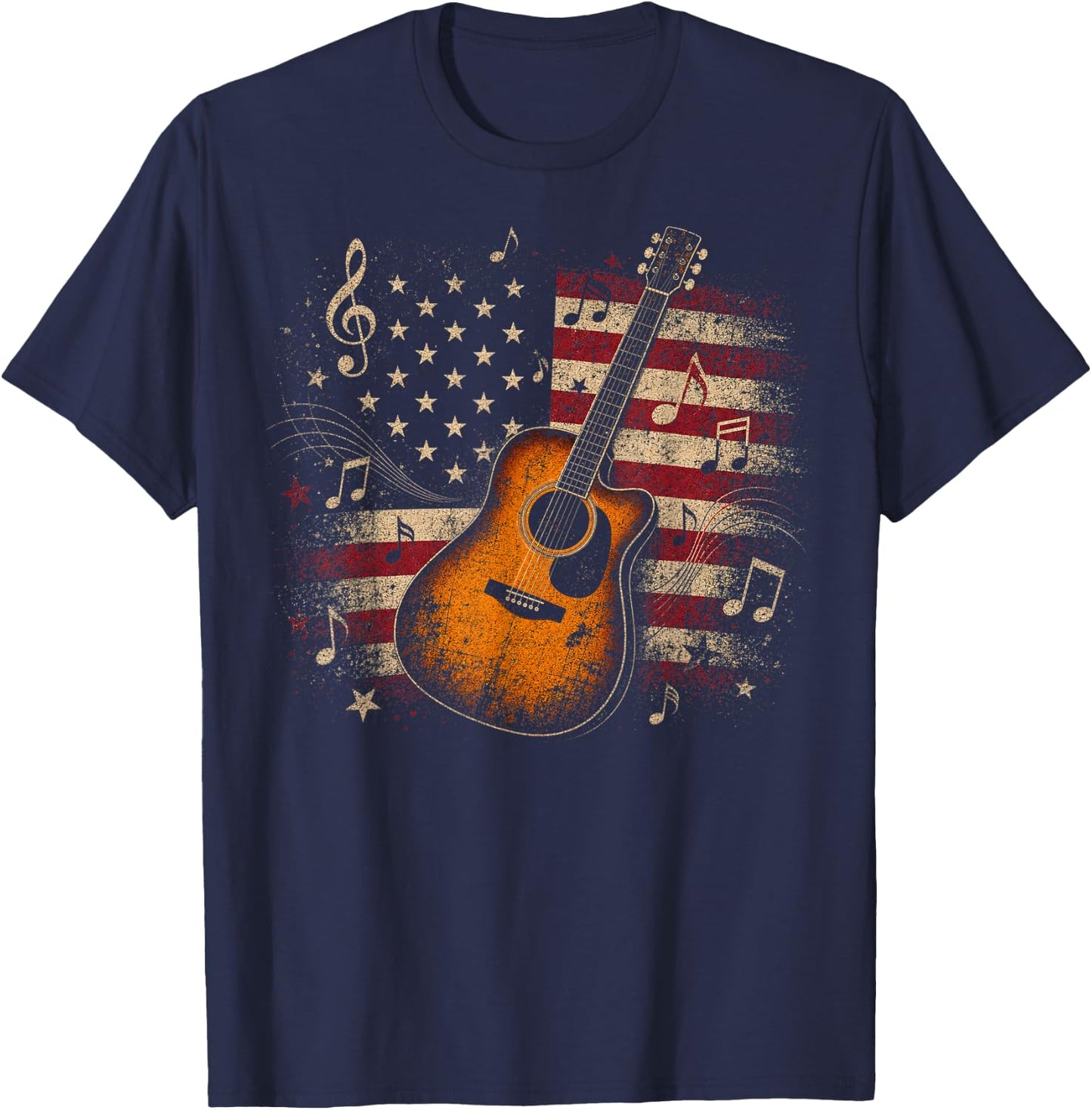 Patriotic Acoustic Guitar with American Flag Design T-Shirt - T-Shirt | Navy