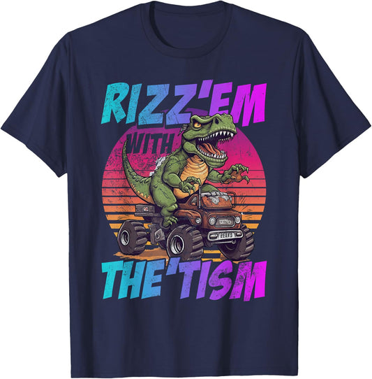 Rizz Em With The Tism Dinosaur Trex Meme Funny Autism Grunge T-Shirt - T-Shirt | Navy