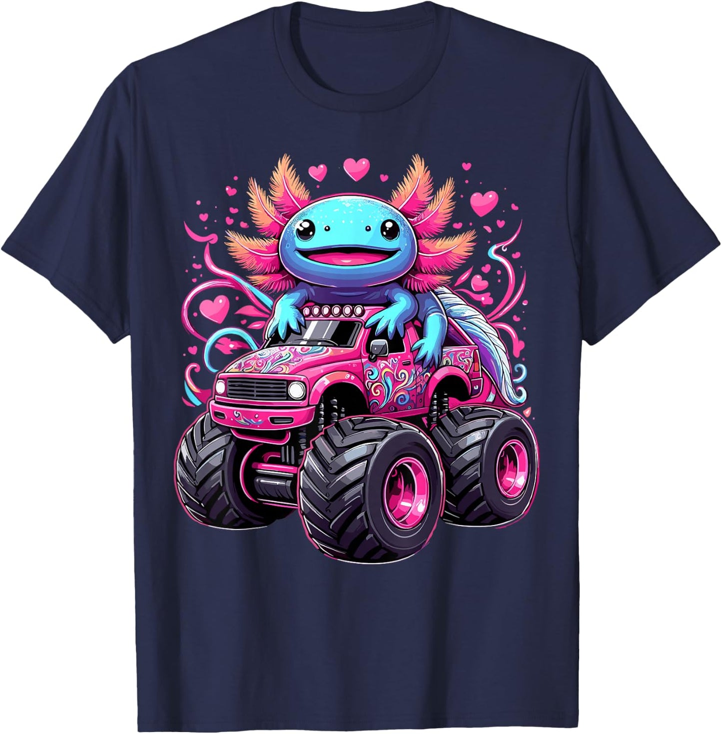 Axolotl Riding Monster Truck T-Shirt - T-Shirt | Navy