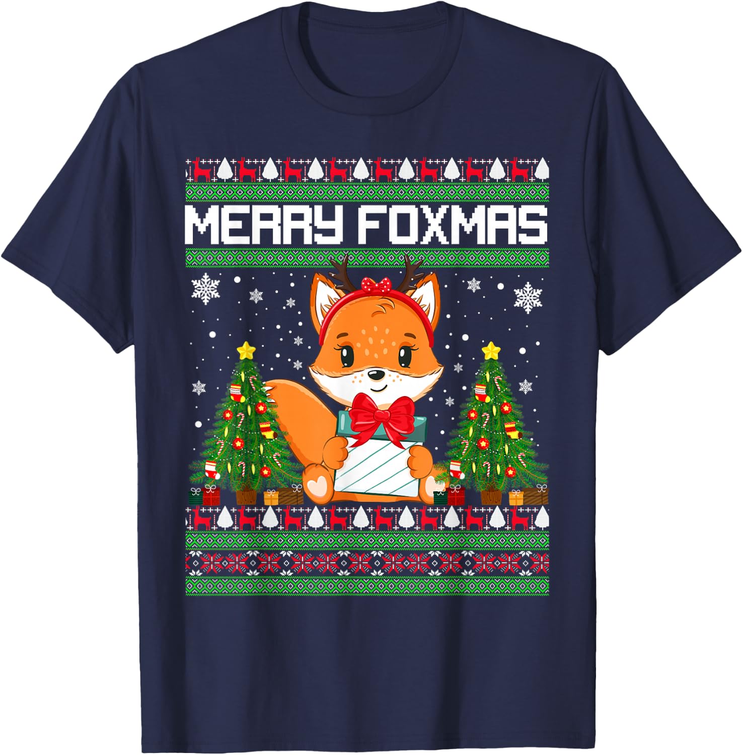 Merry Foxmas Santa Fox Lights Fox Lovers Ugly Xmas Sweater T-Shirt - T-Shirt | Navy