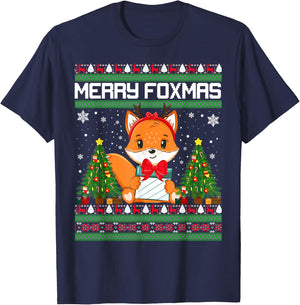 Merry Foxmas Santa Fox Lights Fox Lovers Ugly Xmas Sweater T-Shirt - T-Shirt | Navy